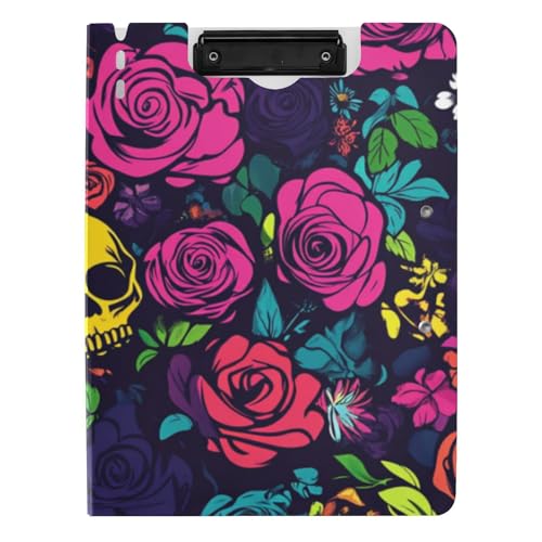 Klemmbrett mit Mappe, farbiger Rosen-Totenkopf, A4, Klemmbrett, Padfolio, doppelte Metall-Clips, Stifthalter, Schulklemmbrett mit Abdeckung Klemmbrett mit Mappe, farbiger Rosen-Totenkopf, A4, Klemmbrett, Padfolio, doppelte Metall-Clips, Stifthalter, Schulklemmbrett mit Abdeckung von WDdZzyy