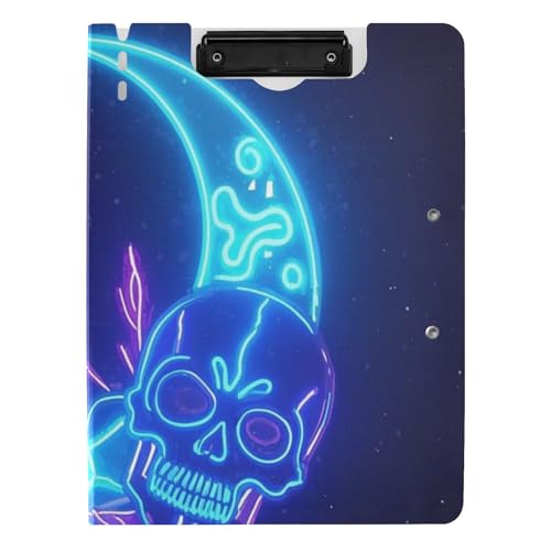 Klemmbrett mit Ordner, neonfarbene Sterne, Monde und Skelette, A4, Klemmbrett, Binderfolio, doppelte Metallklammern, Stifthalter, Schulklemmbrett mit festem Einband von WDdZzyy