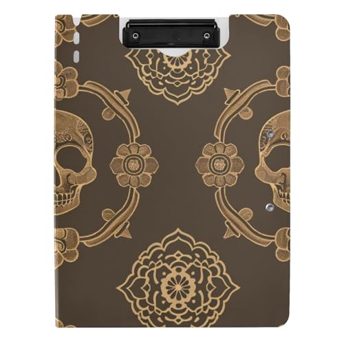 Klemmbrett mit Ordner Chinesisches Muster Totenkopf Braun A4 Klemmbrett Clipfolio Horizontal und Vertikal Doppelclips Büro Klemmbrett mit Hardcover von WDdZzyy