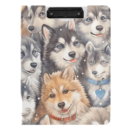Klemmbrett mit Ordner Multi Cartoon Niedlich Sibirische Husky Hunde A4 Klemmbrett Clipfolio Horizontal und Vertikal Doppelclips Büro Klemmbrett mit Abdeckung von WDdZzyy