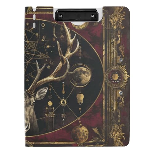 Klemmbrettmappe mit Aufbewahrung, Vintage, mystisches Rentier, Gothic, Boho, A4, Klemmbrett, Folio-Ordner, horizontale und vertikale Doppel-Clips, Büro-Klemmbrett mit Abdeckung von WDdZzyy