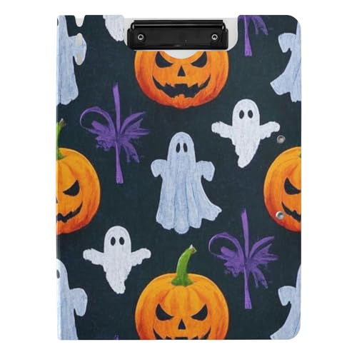 Klemmbrettmappe mit Aufbewahrung, gelber Halloween-Kürbis in Ölgemälde, A4-Klemmbrett, Folio-Ordner, Doppel-Clips, Stifthalter, Büro-Klemmbrett mit Abdeckung von WDdZzyy