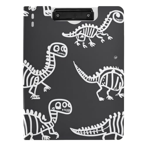 Klemmbrettmappe mit Aufbewahrung, niedliche Dinosaurier-Skelette, Knochen, schwarz, A4-Klemmbrett mit Ordner, zwei Metallklammern, Stifthalter, Schulklemmbrett mit Abdeckung von WDdZzyy