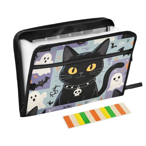 Niedliche schwarze Katzengeister für Halloween, Dateiordner, erweiterbar, 13 Taschen, A4, Briefgröße mit Reißverschluss, zum Erweitern von Hängemappen von WDdZzyy