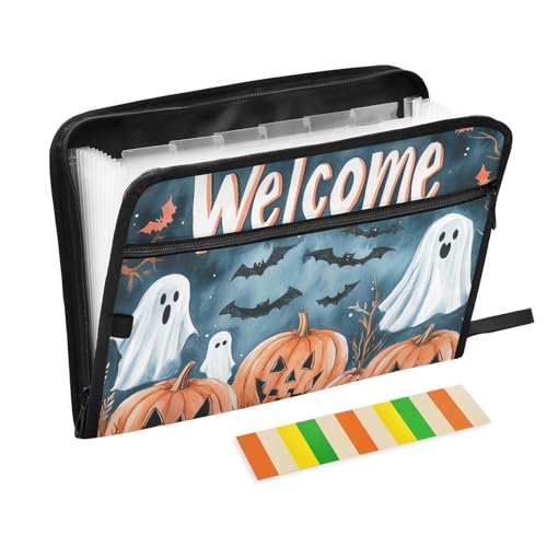 Nightmare Happy Halloween Kürbis-Fledermaus-Aktenordner mit Reißverschluss, 13 Taschen, A4, Briefgröße mit Reißverschluss, zum Erweitern von Aktenordner, Taschen, Akkordeon von WDdZzyy
