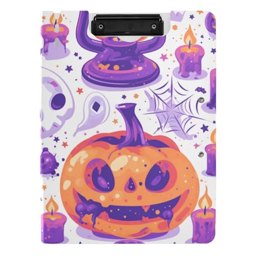 Ordner-Klemmbrett mit Aufbewahrung, Cartoon, niedlich, lila, Halloween-Kürbis, A4, Klemmbrett, Padfolio, Doppel-Clips, Stifthalter, Schule, Klemmbrett mit Abdeckung von WDdZzyy