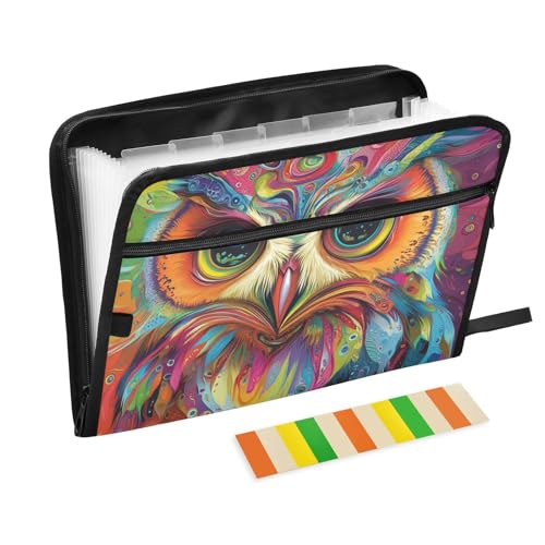 Psychedelic Art Eulen-Aktenordner, 13 Taschen, A4, Briefgröße mit Reißverschluss, für Aktenordner von WDdZzyy