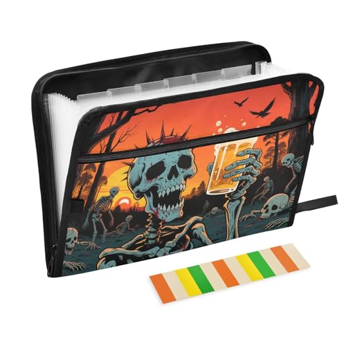 Sunset Skelett Getränke-Bierpapier-Organizer, Ordner, 13 Taschen, A4, Briefgröße mit Reißverschluss, für Akkordeon-Dokumente, Akkordeon-Dokumentenmappe, erweiterbar von WDdZzyy