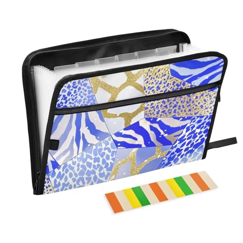 Unregelmäßiger Marmor, Leopardenmuster, erweiterbar, 13 Fächer, A4, Briefgröße, mit Reißverschluss zum Aufhängen, erweiterbare Mappe, Blau / Gold von WDdZzyy