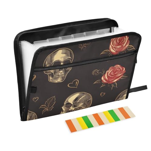 Valentins-Aktenmappe mit Totenkopf-Motiv, 13 Taschen, A4, Briefgröße, mit Reißverschluss, für Quittungen, Organizer von WDdZzyy
