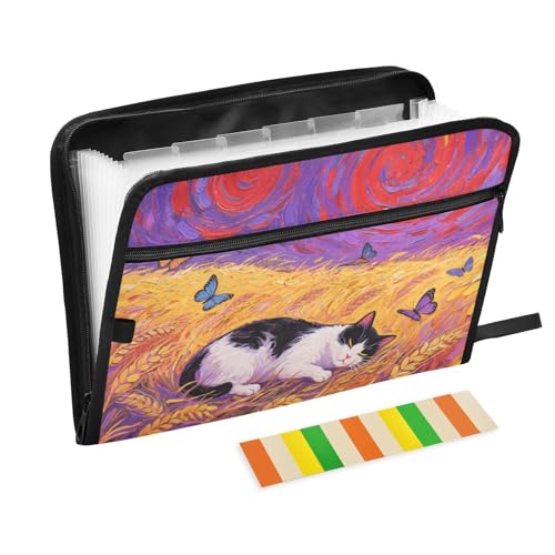 Weizenfeld-Katzen-Schmetterlingsmappe für die Schule, 13 Taschen, A4, Briefgröße mit Reißverschluss, zum Erweitern von Hängemappen von WDdZzyy