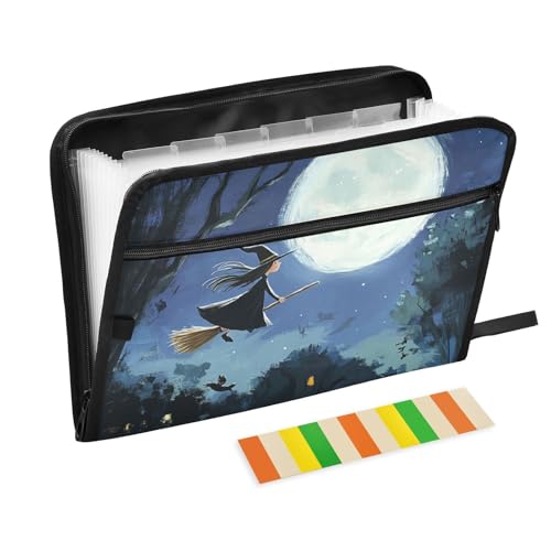 Witch Broomstick Moonlit Sky Ordner für Dokumente, 13 Taschen, A4, Briefgröße mit Reißverschluss, für Ordner mit Taschen von WDdZzyy