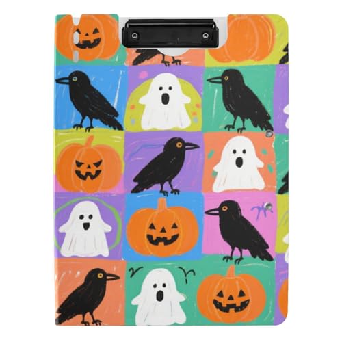 Zusammenklappbares Klemmbrett für Halloween, Cartoon, Krähen und Kürbis, bunt, kariert, A4, Klemmbrett, Folio, horizontale und vertikale Doppel-Clips, Schul-Klemmbrett mit Abdeckung Zusammenklappbares Klemmbrett für Halloween, Cartoon, Krähen und Kürbis, bunt, kariert, A4, Klemmbrett, Folio, horizontale und vertikale Doppel-Clips, Schul-Klemmbrett mit Abdeckung von WDdZzyy