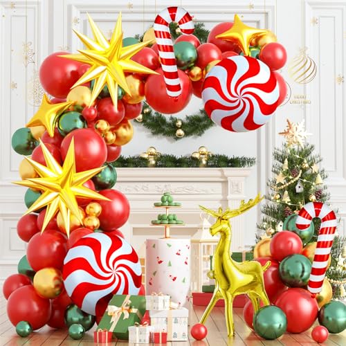 Balloon Arch Girlande Weihnachts,103 Stück Süßigkeiten Weihnachten Luftballons Garland Kit mit Weihnachts Luftballons Rot & Gold,Goldener Elch und Stern Folienballon für Weihnachten Holiday Party Deko von WEALLIN