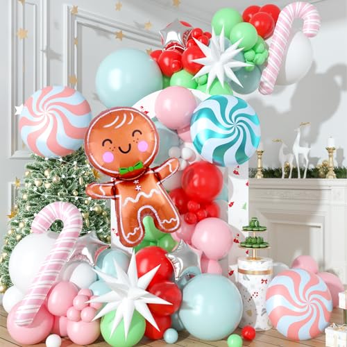 Balloon Arch Weihnacht, 97 Stück Süßigkeiten Weihnachten Luftballons Garland Kit mit Weihnacht Luftballons Rosa Weiß und Grün, Süßigkeiten und Lebkuchenmann Folienballon für Weihnachten Party Deko von WEALLIN