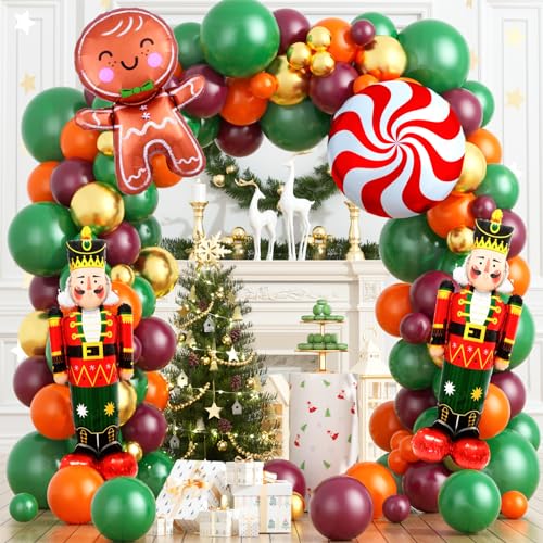 Balloon Girlande Weihnacht,111 Stück Weihnachten Luftballons Garland Kit mit Weihnachts Luftballons Orange Grün und Gold, Nussknacker und Lebkuchenmann Folienballon für Weihnachten Holiday Party Deko von WEALLIN