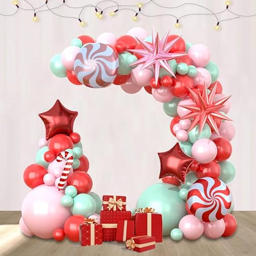 Weihnachten Luftballon Girlande, 101 PCS Rot Maca rosa Maca Grün Weihnachten Deko Luftballons mit Zuckerstangen Starburst Folienballons für Indoor & Outdoor Weihnachtsdekoration Party von WEALLIN