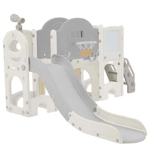 10 in 1 Kinderrutsche Spielset mit Kletterleiter,Basketballkorb,Golfspiel,Lasso-Spiel,Zeichenbrett,Teleskopspiel,Spieltunnel,Aufbewahrungsfächern,Plattform,rutschfestem Treppenaufgang (Grau) von WEALTHKING