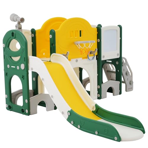 10 in 1 Kinderrutsche Spielset mit Kletterleiter,Basketballkorb,Golfspiel,Lasso-Spiel,Zeichenbrett,Teleskopspiel,Spieltunnel,Aufbewahrungsfächern,Plattform,rutschfestem Treppenaufgang (Grün) von WEALTHKING