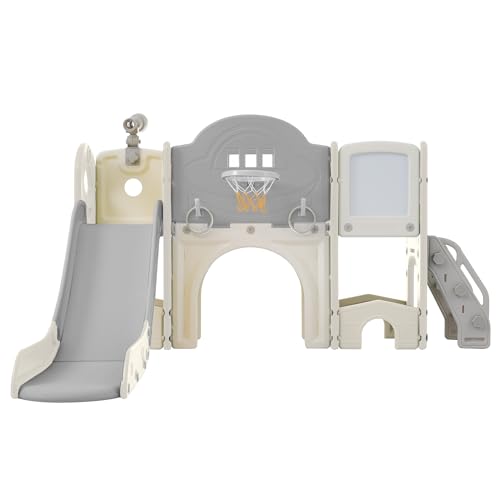 Multifunktionale 10 in 1 Kinderrutsche mit Basketballkorb Klettern Zeichenbrett Lasso-Spiel Teleskop Spieltunnel Golfspiel Rutschbahn Spielplattform Spielhaus mit Stauraum Indoor Outdoor (Grau) von WEALTHOUSE