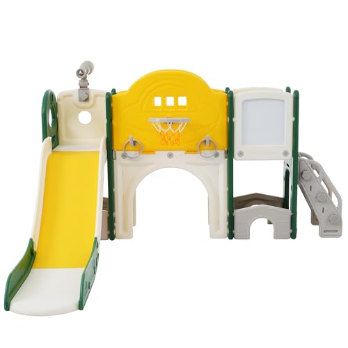 Multifunktionale 10 in 1 Kinderrutsche mit Basketballkorb Klettern Zeichenbrett Lasso-Spiel Teleskop Spieltunnel Golfspiel Rutschbahn Spielplattform Spielhaus mit Stauraum Indoor Outdoor (Grün) von WEALTHOUSE