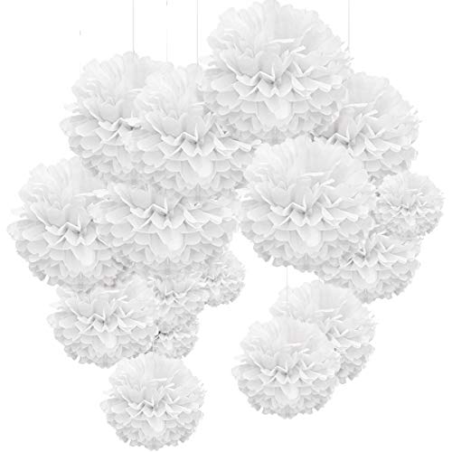 WEARXI Hochzeit Hochzeitsdeko Vintage Lampions, 24er Pompons Deko Weiß, Seidenpapier Pompoms, Party Deko, Taufe Konfirmation Deko, Kommunion Dekoration für Geburtstag, Valentinstag deko，Vintage deko von WEARXI