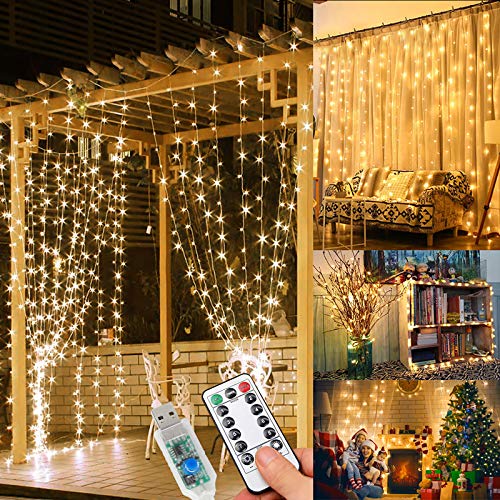WEARXI Lichterkette, 3×3m 300 LED Lichtvorhang, 8 Modi LED Lichterkette Vorhang für Innen & Außen, Lichterkette für Outdoor, Zimmer, Party, Balkon deko, Weihnachtsdeko(Warmweiß) von WEARXI