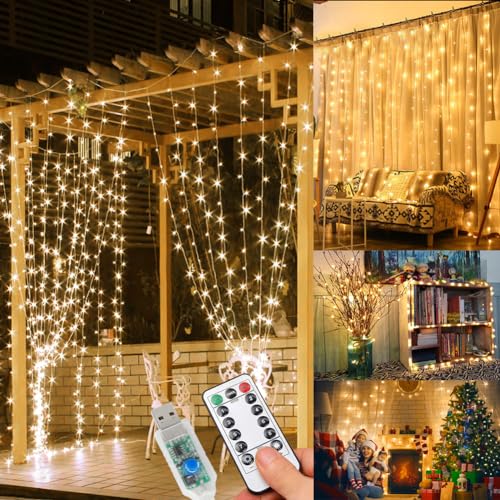 WEARXI Lichterkette, 3×3m 300 LED Lichtvorhang, 8 Modi LED Lichterkette Vorhang für Innen & Außen, Lichterkette für Outdoor, Zimmer, Party, Balkon deko, Weihnachtsdeko(Warmweiß) von WEARXI