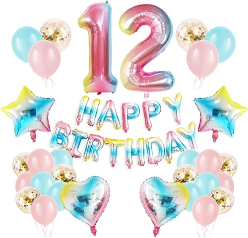 Regenbogen 12 Geburtstag Party Dekorationen Happy Birthday Banner Konfetti Latex Luftballons Zahl 12 Ballon Geburtstag Supplies für Jungen Mädchen von WEARYGING