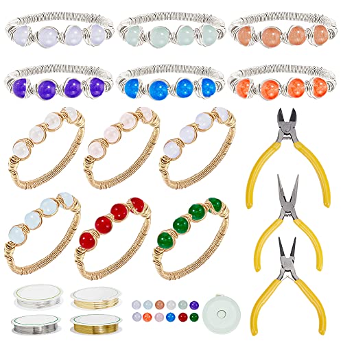 WEBBEDY 12 Satz Ringe Selber Machen Set Wire Wrapped Ring Making Kit, Schmuckherstellung Zubehör Kit mit Schmuck Draht, Kristall Edelstein Perlen, Mini Zange Werkzeuge für die Herstellung von WEBEEDY