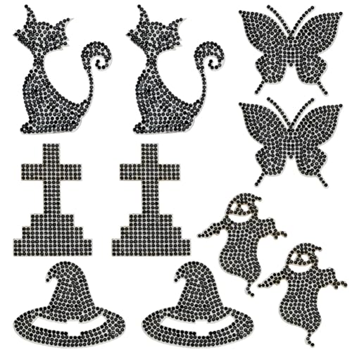 WEBEEDY 10 Stück 5 Stile Halloween Strass Patches Selbstklebend Schmetterling Kreuz Hut Geist Patch Strass Applikationen Verzierungen für Kostüm Halloween Party Dekor DIY Nähen Handwerk Schwarz von WEBEEDY