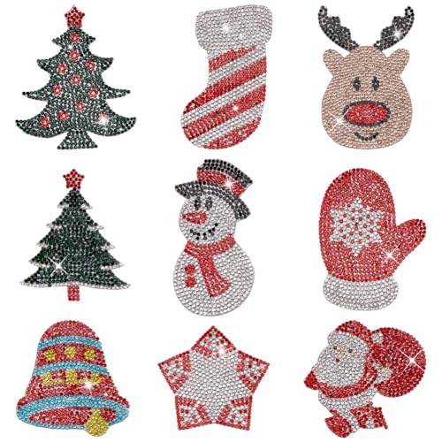 WEBEEDY 11 Styles Weihnachten Strass Aufnäher Aufbügeln/Nähen auf Stickerei Patches Weihnachtsmann Rentier Schneemann Weihnachtsbaum Glocke Perlen Applikation für Kleidung Tasche Schuhe Hüte von WEBEEDY