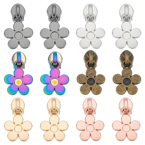 WEBEEDY 12 PCS Blumen-Reißverschluss-Ziehgriffe 5# Zipper Pulls 6 Farben Ersatz Floral Zipper Sliders Alloy Colorful Zip Head Repair für Gepäcktaschen Handtasche Kleidung Schuhe,3.2cm von WEBEEDY