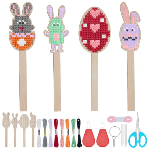 WEBEEDY 12 Sets Osterhasen Ei Holzkreuzstich Kit, 4 Arten DIY Holzspan Anhänger mit Kaninchen Eier Design für Ostern, DIY Needlepoint Stickerei Kits Hängende Ornamente von WEBEEDY
