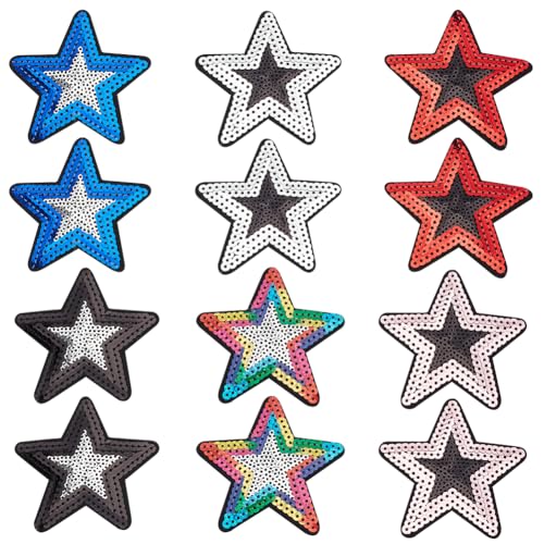 WEBEEDY 12 Stück Stern-Pailletten zum Aufnähen oder Aufbügeln, bestickte Flicken zum Aufbügeln, Applikationen, Sticker, Glitzerstern-Patches für Jacken, Hüte, Jeans, Taschen (6 Farben) von WEBEEDY