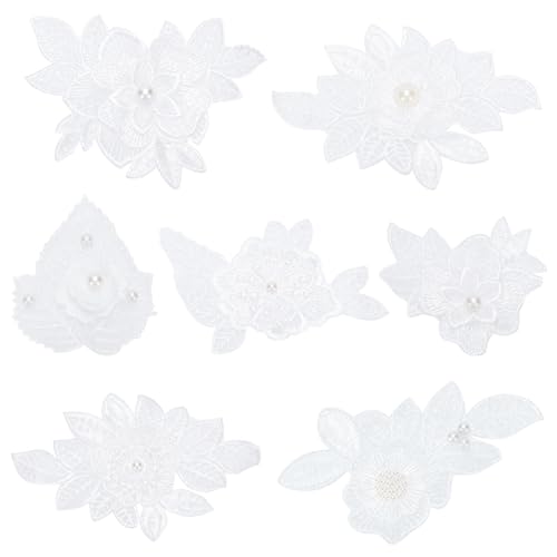 WEBEEDY 14 Stück Spitzen-Blumen-Stickerei-Applikationen Weiße 3D-Perlen-Applikationen Aufnäher Nähborten Verzierungen Für DIY-Kleid, Hochzeitskleid, DIY-Patch, Kleidung, Bastelzubehör von WEBEEDY