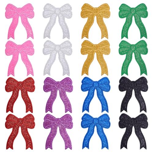 WEBEEDY 16 Stk. Glitzer Schleife Aufnäher 8 Farben Zum Aufnähen/Aufbügeln Bestickte Patches Glänzende Schleifenknoten Reparatur Applikation Für Kleidung Jacke Hut Und Schuhe 12x14x2cm von WEBEEDY