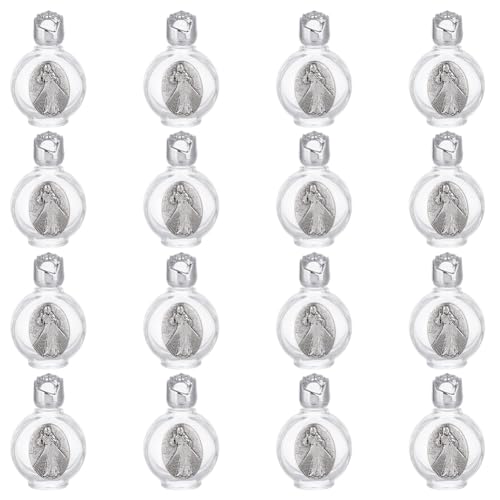 WEBEEDY 16 Stück Geprägte Weihwasserflaschen 15ml Leere Glas Tragbare Weihwasserbehälter Kirchenweiheflaschen Für Zuhause Taufparty Dekoration (Silber Göttliche Barmherzigkeit) von WEBEEDY