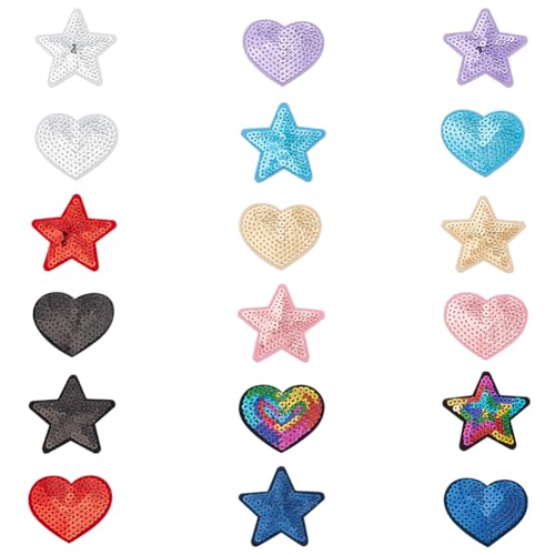WEBEEDY 18 Stück bunte Stern-Herz-Pailletten zum Aufbügeln, glitzernd, bestickte Applikationen, DIY-Näh-Aufkleber für Kleidung, Hüte, Jacken, Taschen, Kleidung von WEBEEDY