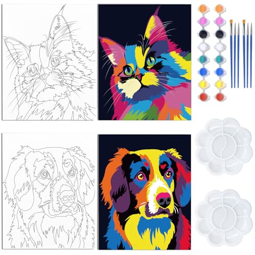 WEBEEDY 2 Pack Vorgezeichnete Leinwand-Kits Vorgedruckte Leinwand-Set Tiere DIY Leinwandmalerei Geschenk-Kits 8x10 Zoll MalLeinwand Für Zuhause Dekoration Party Gefällige Bunte Hund Und Katze von WEBEEDY