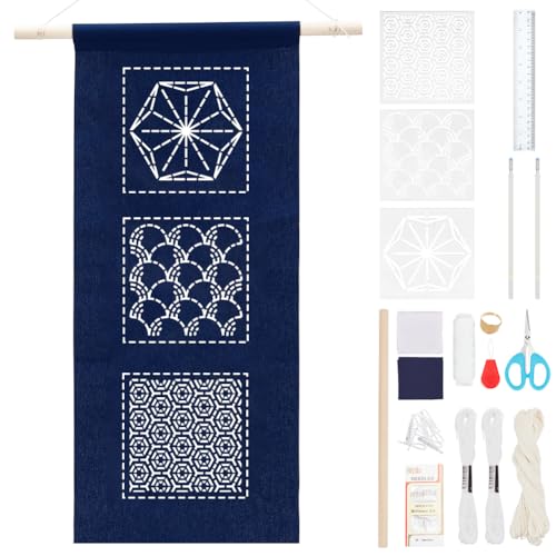 WEBEEDY 2 Set Sashiko Wand Hängen Kit DIY Sashiko Muster Schablone Praxis Kit Japanische Stickerei Kit beinhaltet Stickerei Stoff Faden Nadeln und Anleitung für Erwachsene Anfänger von WEBEEDY