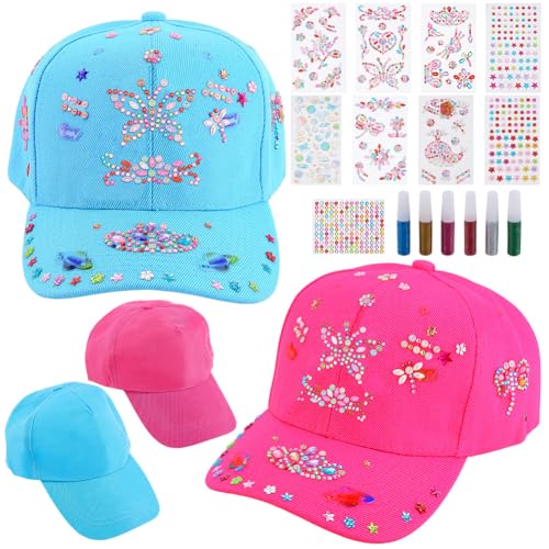 WEBEEDY 2 Sets DIY Baseballkappe für Erwachsene Baseballmütze Dekorationssets mit Edelsteinaufklebern Baseballmütze Bastelset für Frauen, dekorieren Sie Ihre eigene Baseballmütze, Hut, Blau/Rosa von WEBEEDY
