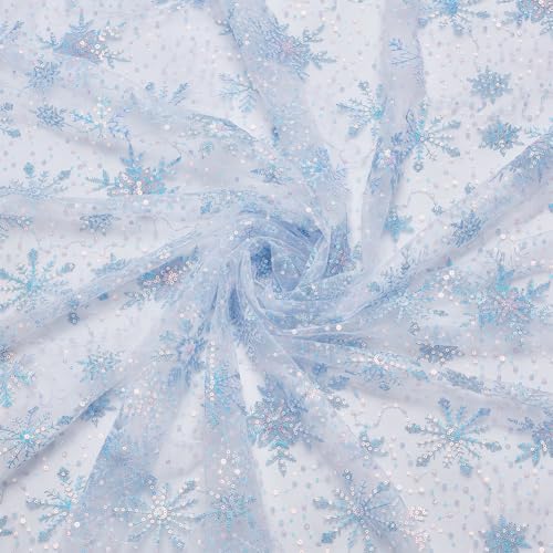 WEBEEDY 2 Yard Schneeflocke Pailletten Tüllstoff Blauer Schneeflocken Bestickter Mesh Spitzen Organza Stoff 130cm Breit Für Hochzeitskleidungszubehör DIY Nähen Bastelarbeit von WEBEEDY