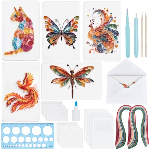 WEBEEDY 20 Set DIY Farbenfrohes Tier Papier Quilling Kit Für Erwachsene 5 Stile Katze Schmetterling Libelle Schwan Quilling Kartenbastelset Mit Werkzeugen Und Anleitung Weihnachten Hochzeitsgeschenke von WEBEEDY