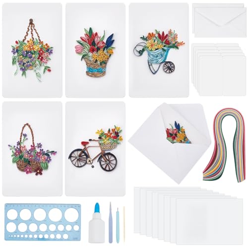WEBEEDY 20 Set Papier Quilling Kit Für Erwachsene Anfänger DIY Blumenkorb Quilling Blank Card Kit 5 Stile Blumenkorb Grußkarten Bastelset Mit Anleitung Für Geburtstag von WEBEEDY