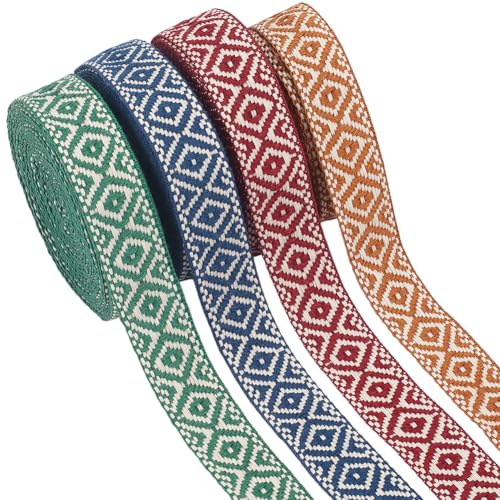 WEBEEDY 20 Yards Vintage Jacquard Zierband 4 Farben Besticktes Gewebtes Band 2.5cm Breiter Rhombus Boho Stoff Fransenspitze Für Kleidung Nähen Handwerk von WEBEEDY