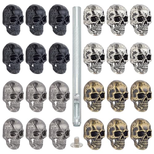 WEBEEDY 24 Stück 4 Farben Halloween Totenkopf Nieten Knöpfe mit einem Stanzer, dekorative Nieten, Totenkopf-Knöpfe, Nadeln, Goth, Conchos, Knopf für Lederhandwerk, Schuhe, Taschen, Gürtel, Kostüm von WEBEEDY