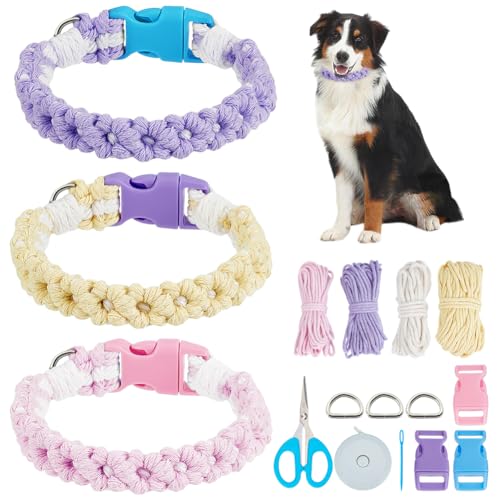 WEBEEDY 3 DIY Makramee Hundehalsband Set Für Erwachsene Anfänger Makramee Gänseblümchen Halsband Knotenset Mit 4 Farben 60 m Baumwollschnur Und Anleitung Verstellbare Handgefertigte Haustier Halskette von WEBEEDY