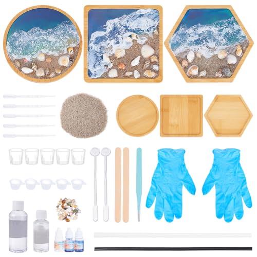 WEBEEDY 3 Sätze Harz Bambus Untersetzer Kit Epoxidharz Kits Komplettset mit Schalen, Pigment, Muscheln & mehr, DIY Untersetzer Making Kit für Erwachsene Anfänger Home Decor von WEBEEDY