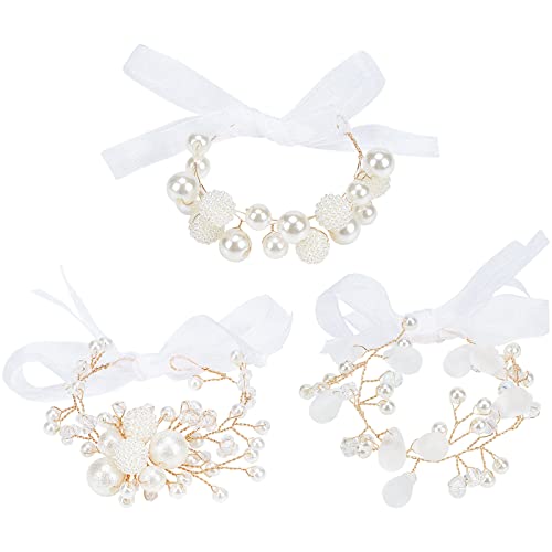 WEBEEDY 3 Stück Hochzeit Handgelenk Blumen mit Perle Braut Handgelenk Blume mit Garnband Blumenarmband Brautjungfer Mädchen Hand Blume Für Hochzeiten Bankette Jubiläumsdaten von WEBEEDY